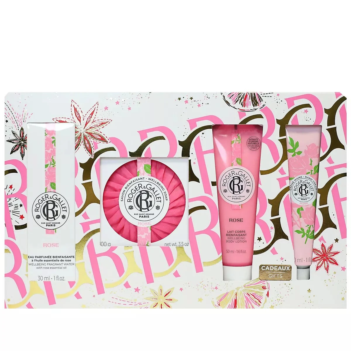 Roger & Gallet - Cofanetto Natale Benefico Rosa (Acqua profumata30ml + Sapone 100g + Latte Corpo 50ml + Crema Mani 30ml)