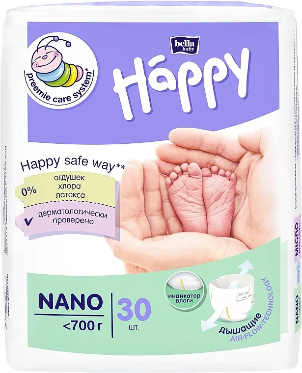 Pannolini per bambini "Happy" Nano (fino a 700 g, 30 pz)