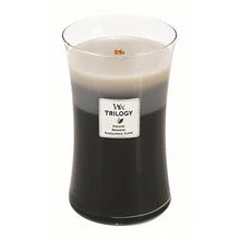 Woodwick Candela profumata Trilogy Fireside, sequoia, chiodi di garofano di sandalo 609 g