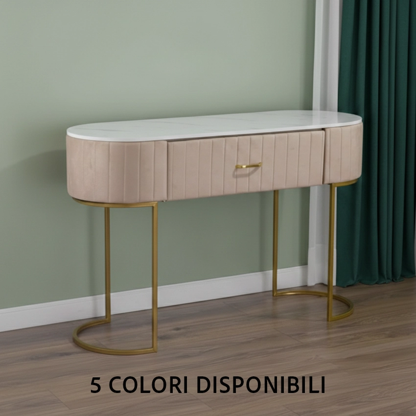 Consolle Scrivania Tavolo in Velluto e Metallo Dorato con Top Effetto Marmo – Stile Art Déco