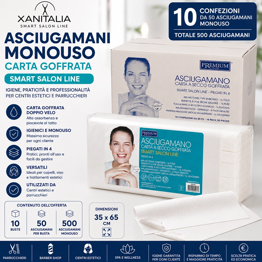 Asciugamani Monouso Carta Goffrata Xanitalia Smart Salon Line 35×65 cm Confezione da 10 Buste (500 Pezzi)