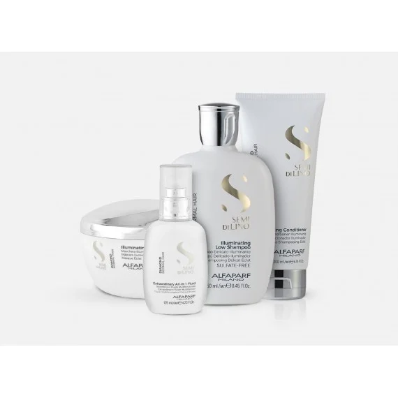 Alfaparf Semi Di Lino Diamond Illuminating Shampoo+Conditioner+Mask+All-In-1 Fluid 250+200+200+125ml - kit capelli spenti/opachi