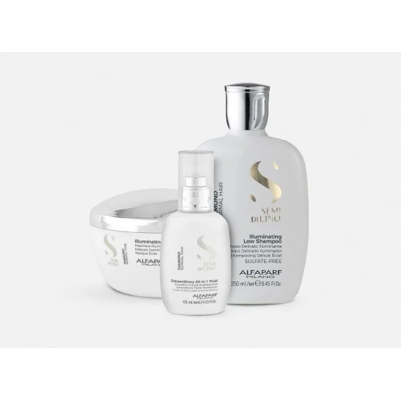 Alfaparf Semi Di Lino Diamond Illuminating Shampoo+Mask+All-In-1 Fluid 250+200+125ml - kit capelli spenti