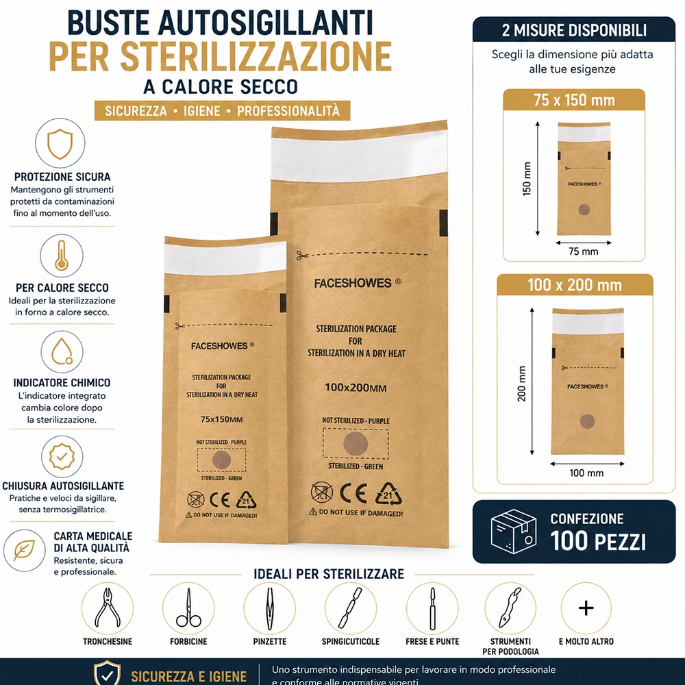 Buste Autosigillanti per Sterilizzazione a Calore Secco Bustine da 75×150 mm o 100×200 mm – 100 Pezzi