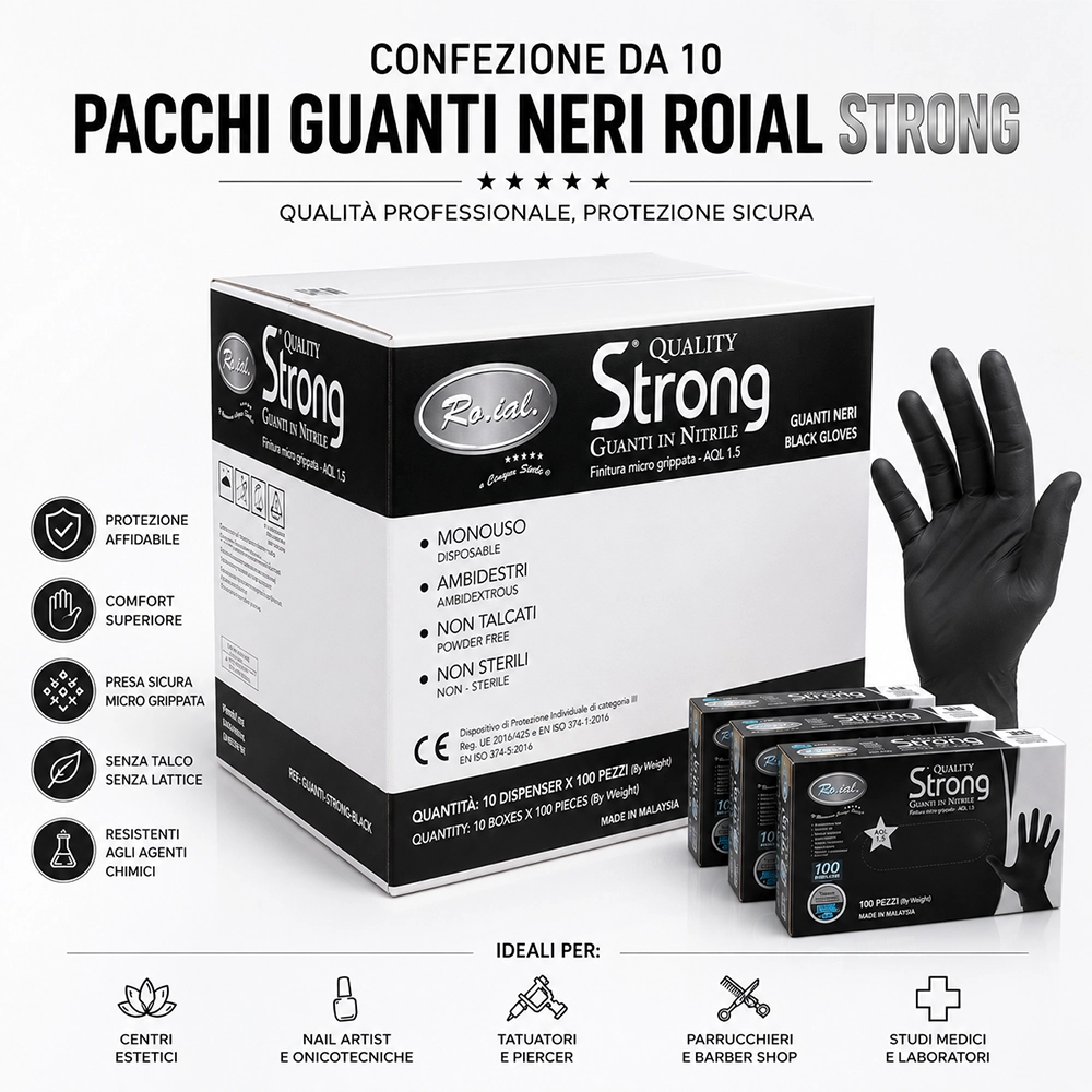 Guanti Monouso in Nitrile Nero Non Talcati Roial 5 Stelle Black – Scatola da 1000 Guanti