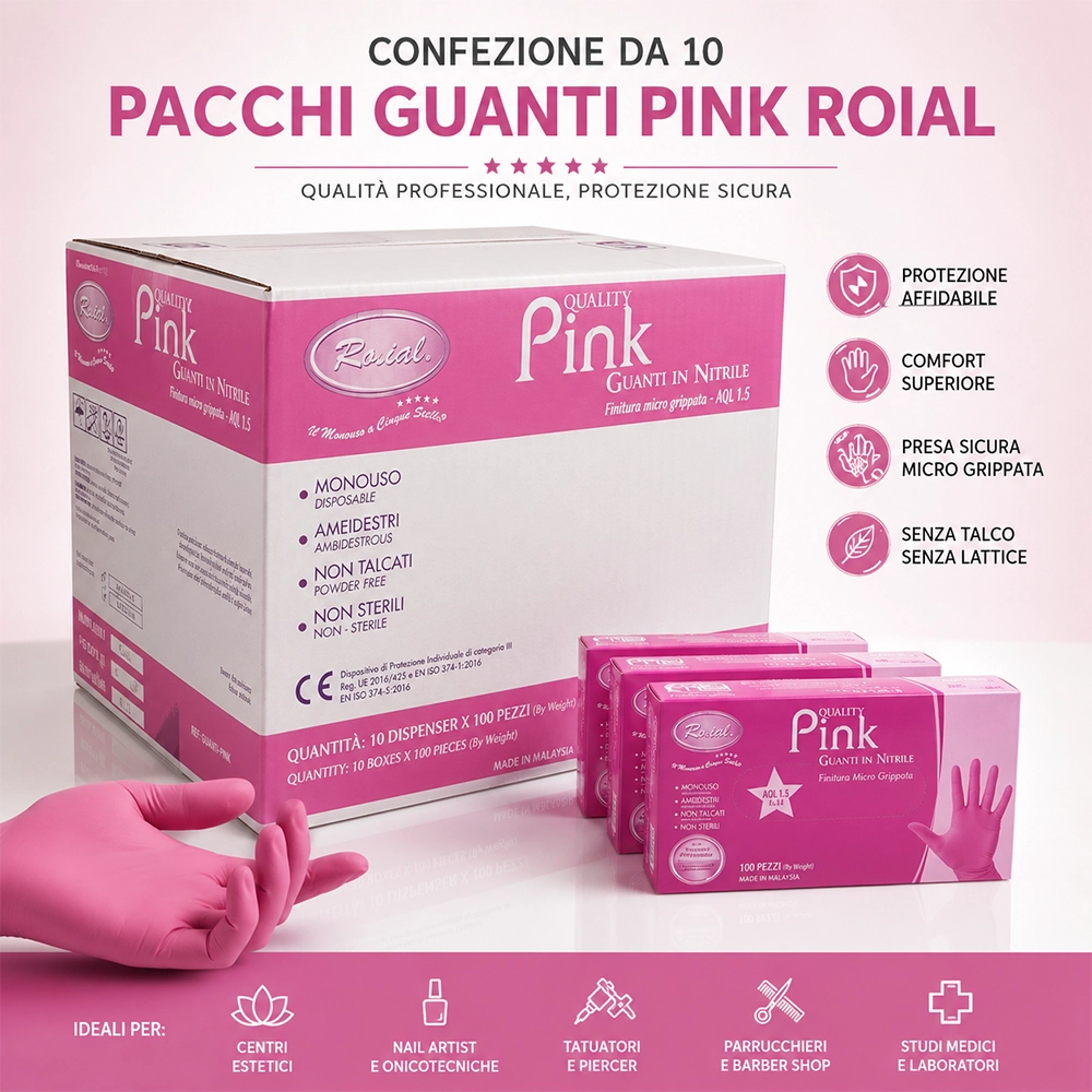 Guanti Monouso in Nitrile Rosa Non Talcati Roial 5 Stelle Pink – Scatola da 1000 Guanti