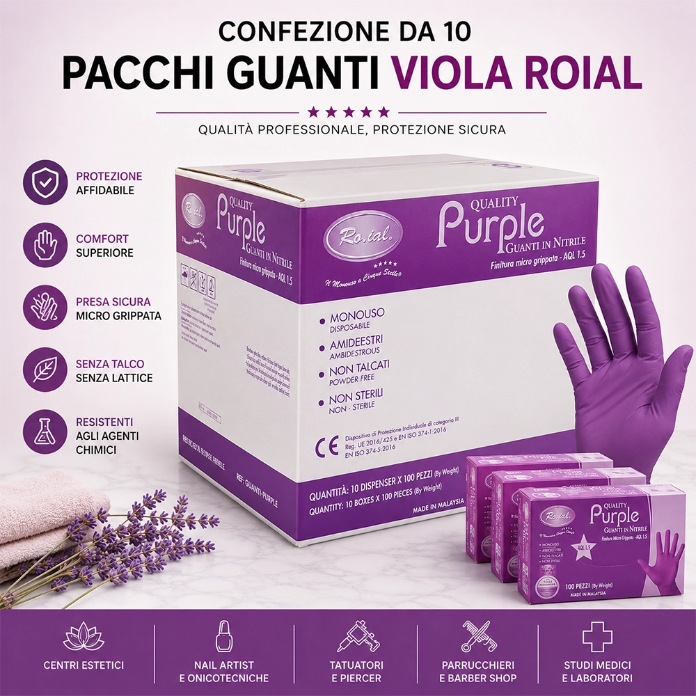 Guanti Monouso in Nitrile Viola Non Talcati Roial 5 Stelle Purple – Scatola da 1000 Guanti
