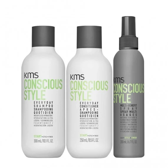 KMS Conscious Style Everyday Shampoo+Conditioner+Multi-Benefit Spray 300+250+200ml – kit per tutti i tipi di capelli