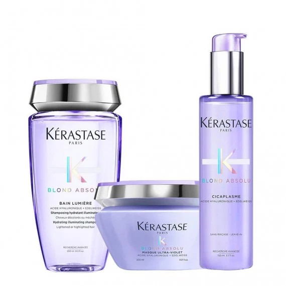 Kerastase Blond absolu Bain Lumiere+Masque Ultra Violet+Cicaplasme 250+200+150ml - kit per capelli biondi, decolorati e grigi