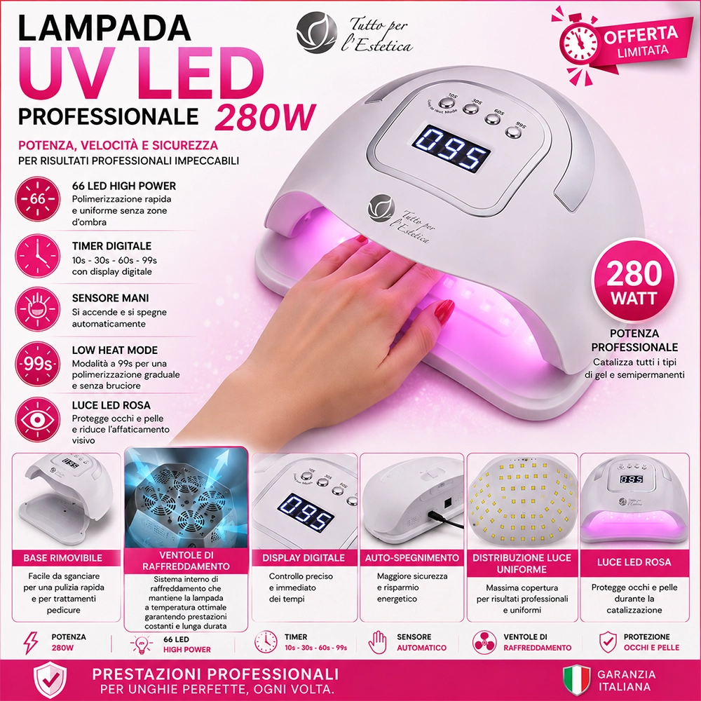 Lampada UV LED 280W Tuttoperlestetica per Estetista, Onicotecnica e Ricostruzione Unghie con Display Digitale e Luce Rosa