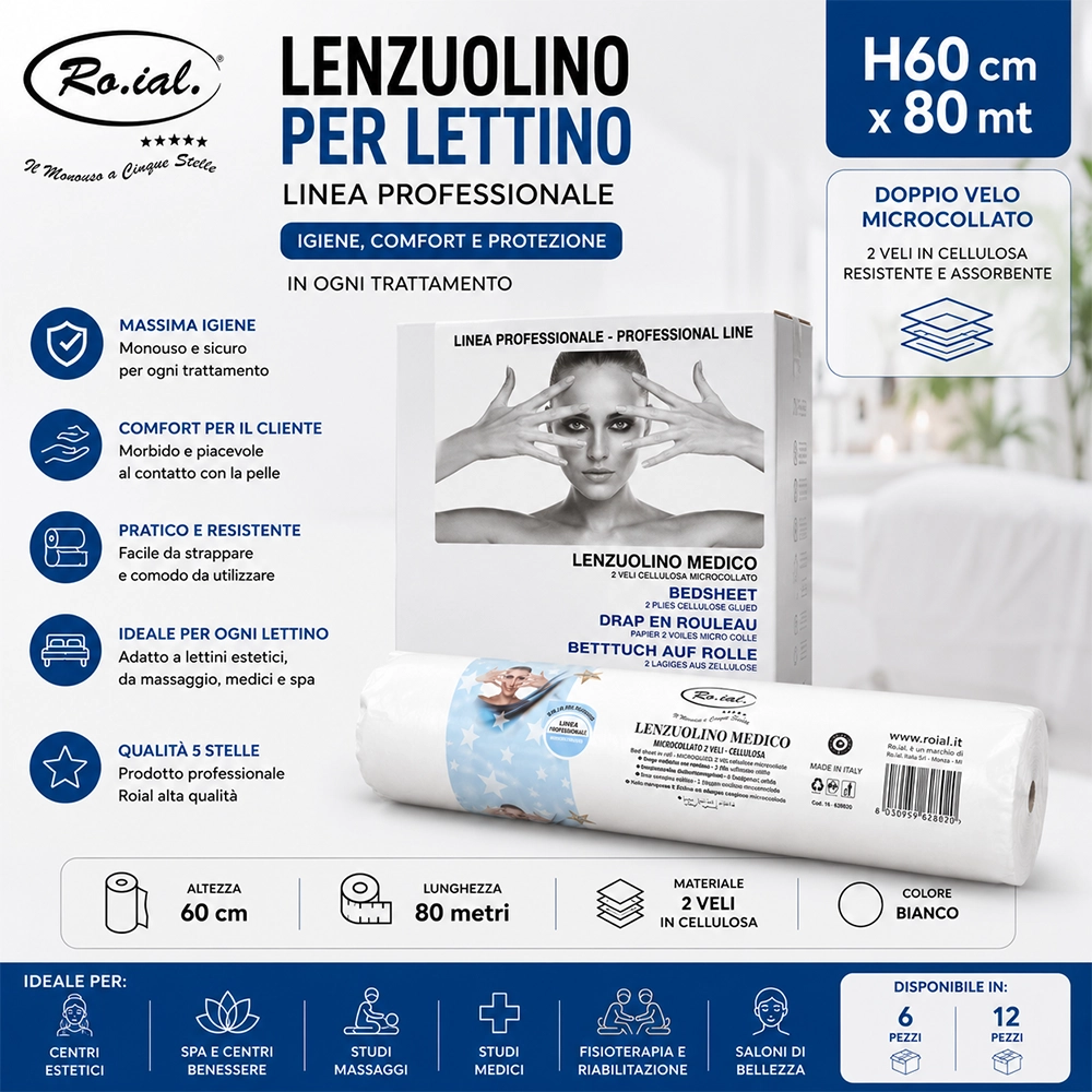 Lenzuolino Rotolo per Lettino Monouso Roial 60 cm x 80 m Carta Professionale per Estetista, Massaggi e Spa