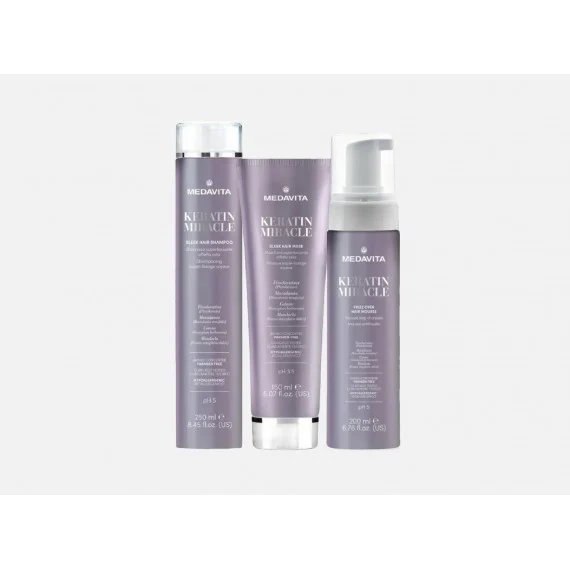 Medavita Keratin Miracle Shampoo+Maschera+Mousse Anticrespo 250+150+200ml - kit superlisciante capelli crespi/indisciplinati