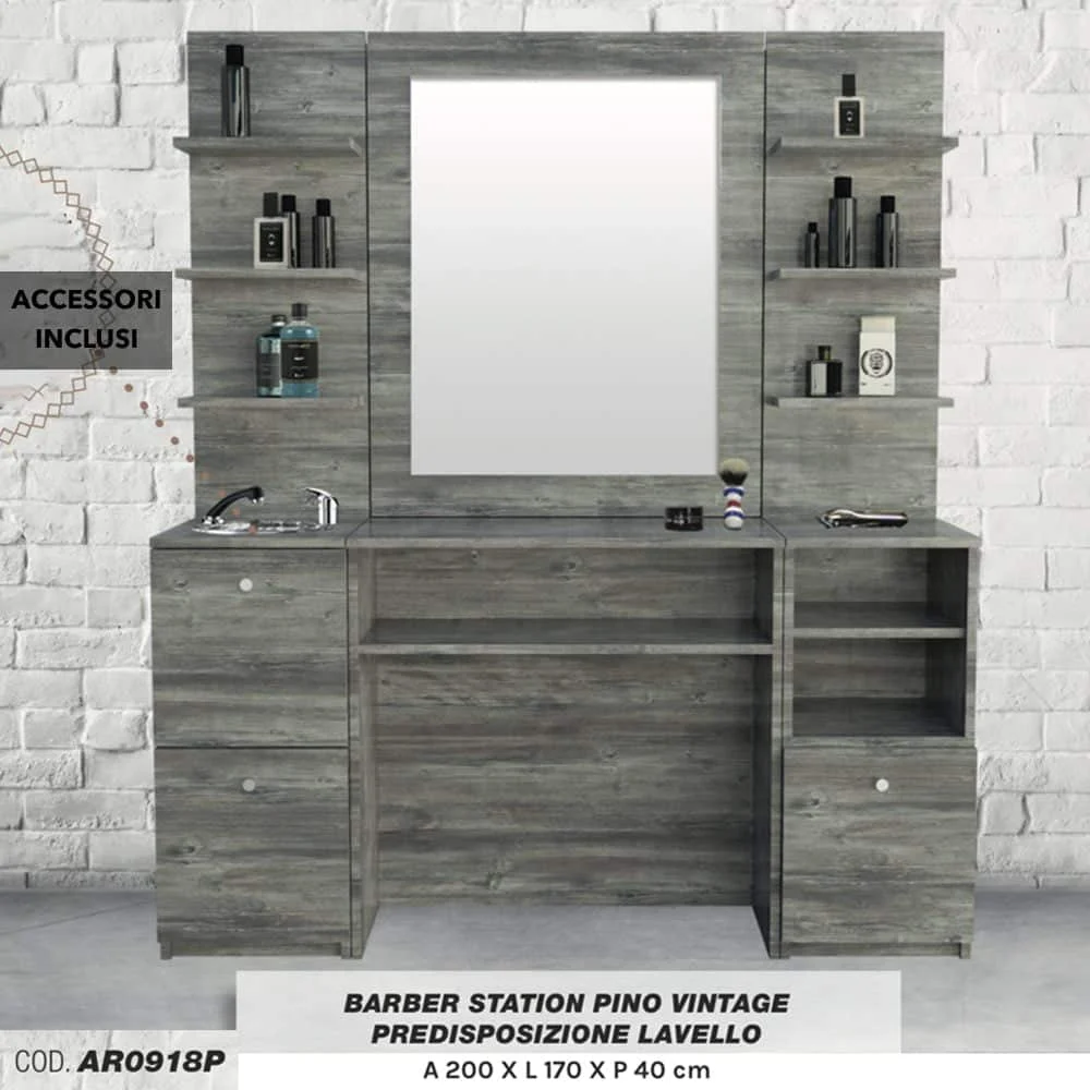 POSTAZIONE DA BARBIERE VINTAGE BARBER SHOP COMPLETA DI SPECCHIO, LAVABO, DOCCETTA E MISCELATORE PINO