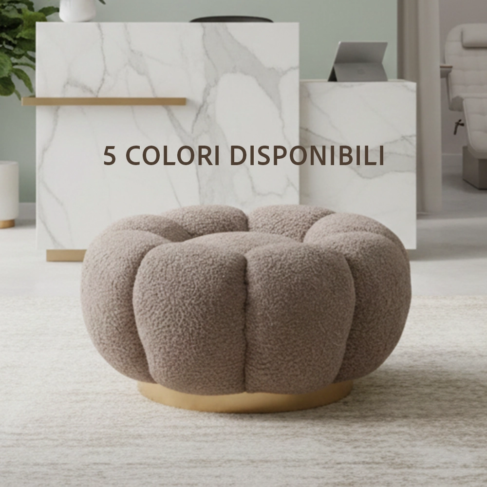 Poggiapiedi Pouf in Tessuto Teddy con Base in Metallo Dorato Tortora Crema Verde Senape Rosa