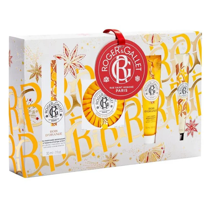 Roger & Gallet - Set regalo di Natale benefico Orange Wood (Acqua profumata 30 ml + Sapone 100 g + Latte corpo 50 ml + Crema mani 30 ml)