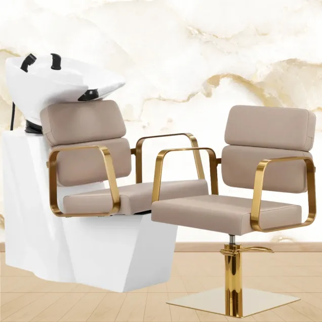 Arredo Parrucchieri Offerta - Lavaggio e Poltrona Beige con Finiture Oro