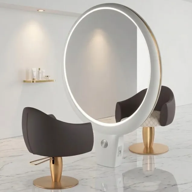 Arredi Parrucchieri: Specchio 2 Posti Bianco e Oro con 2 Poltrone - Offerta