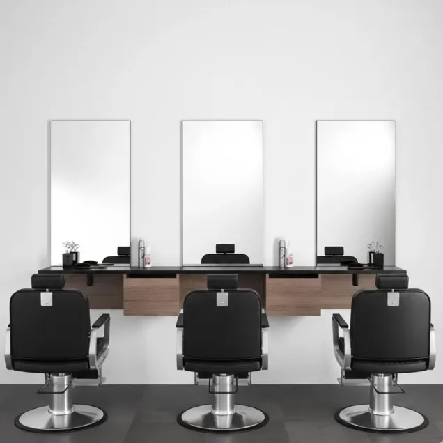 Arredo Barber 3 Specchi con Cassettiere e 3 Poltrone Professionali Graffiti