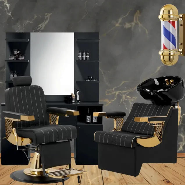 Arredo Barber Shop Offerta Lavaggio con Poltrona e Mobile Nero e Oro