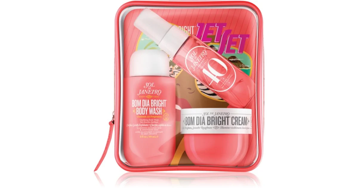 Sol de Janeiro Bom Dia™ Jet kit da viaggio per il corpo da donna crema illuminante corpo 50 ml + gel doccia esfoliante effetto lisciante 90 ml + Spray profumato per corpo e capelli 30 ml
