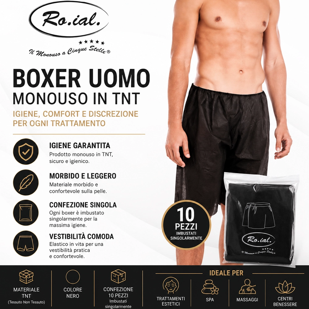 Boxer Uomo nero Monouso in TNT Nero ROIAL – Confezione da 10 Pezzi