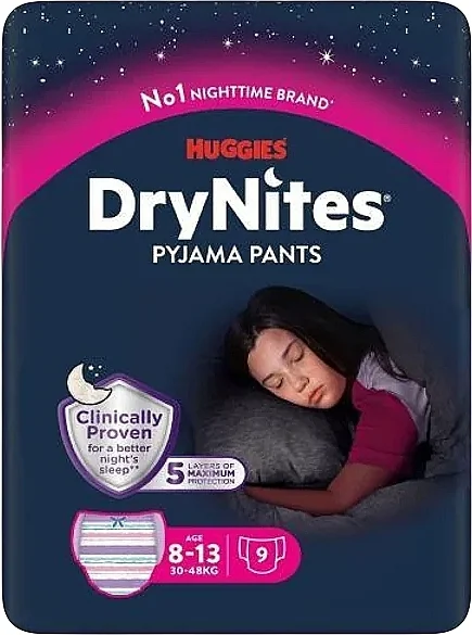 Pannolini a mutandina Dry Nights, per bambine, 30-48 kg, 9 pz.