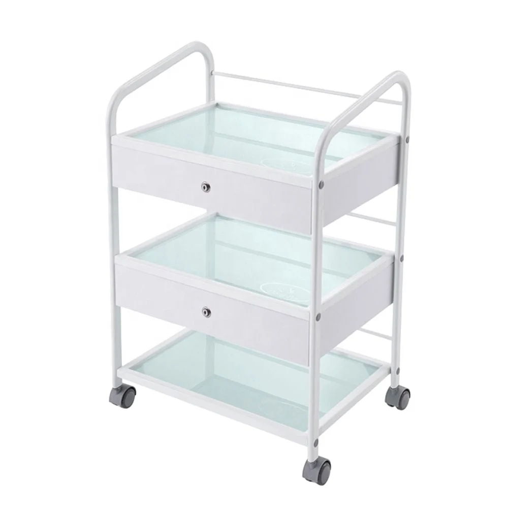 CARRELLO IN VETRO TRE RIPIANI CON 2 CASSETTI CON SERRATURA PER CENTRO ESTETICO ESTETISTA NAIL
