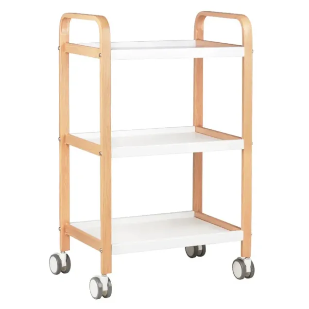 Carrello Estetista Professionale Bianco con 3 Mensole e Struttura in Legno