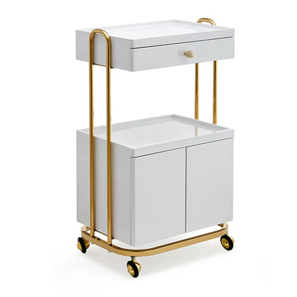 Carrello per centro estetico in legno laccato bianco e oro – 4 ruote