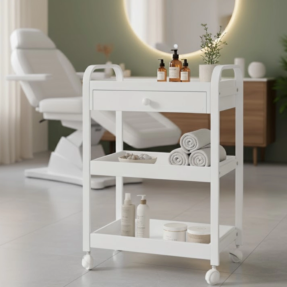Carrello per centro estetico in legno laccato bianco – 4 ruote