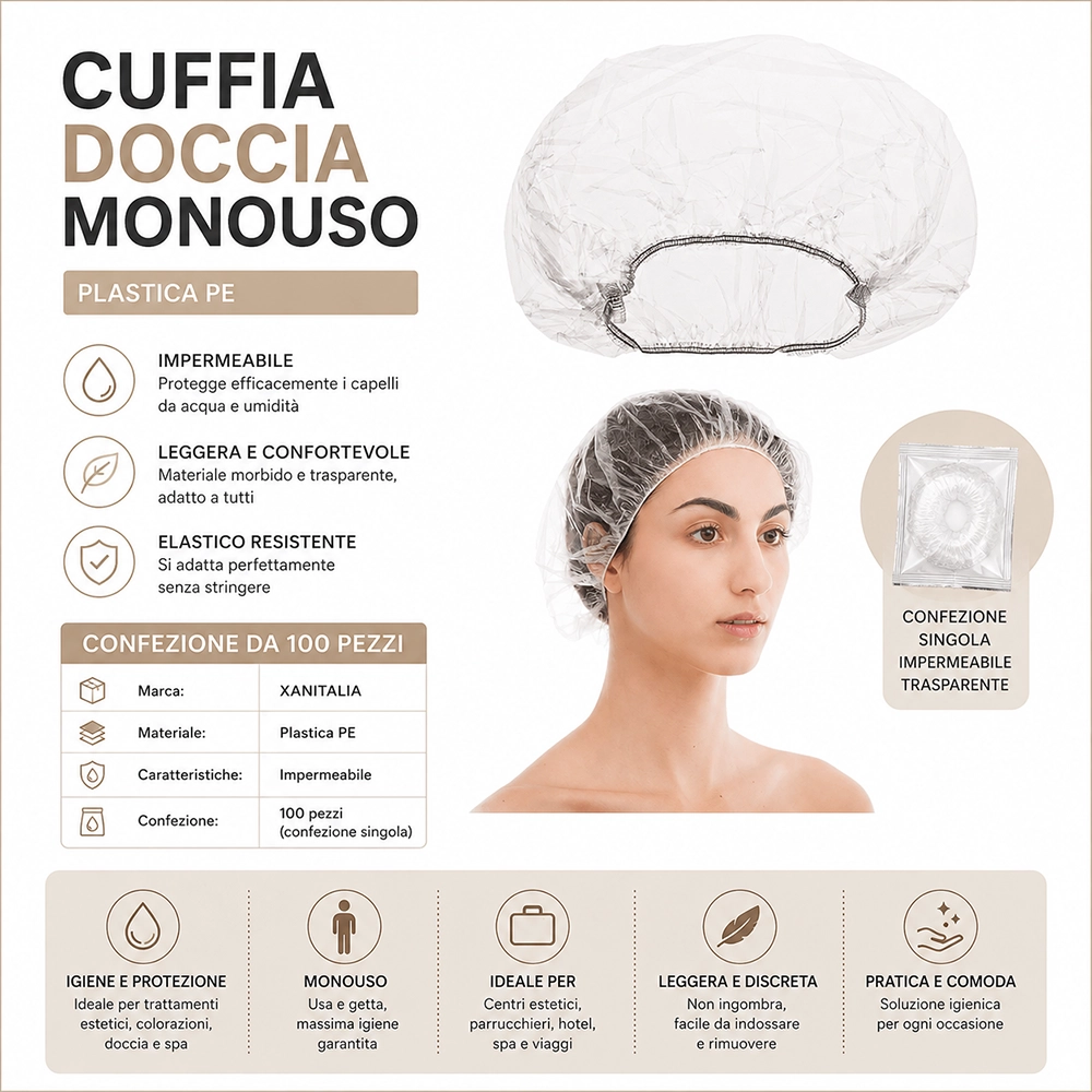 Cuffia Doccia Monouso in PE Xanitalia Imbustata Singolarmente – 100 Pezzi