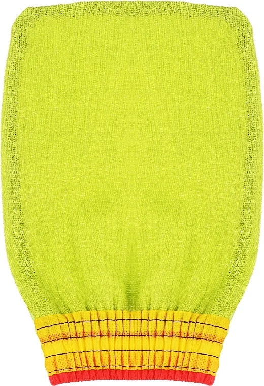 Guanto esfoliante per viso e corpo, verde con elastico giallo-rosso