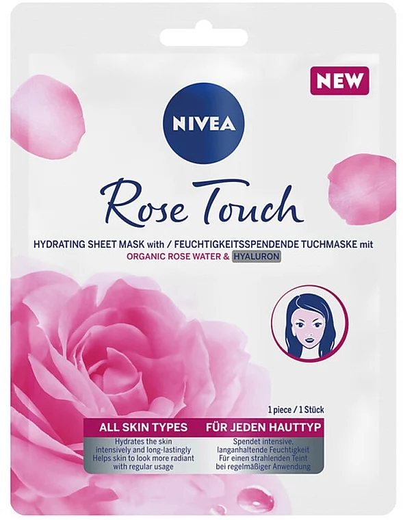 Maschera viso all'acido ialuronico e acqua di rose biologica, in tessuto