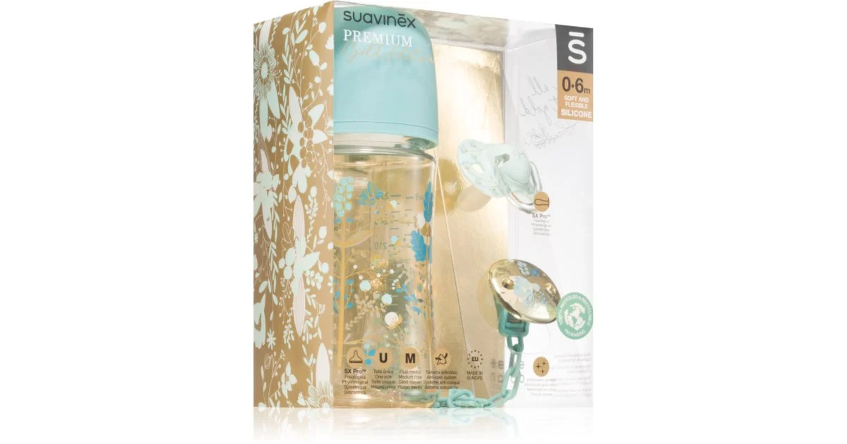 Suavinex Gold Premium Set Blue confezione regalo per bebè 3 mesi+ Medio flusso biberon 270 ml + 0-6 mesiesi ciuccio 1 ml + fermaglio per ciuccio