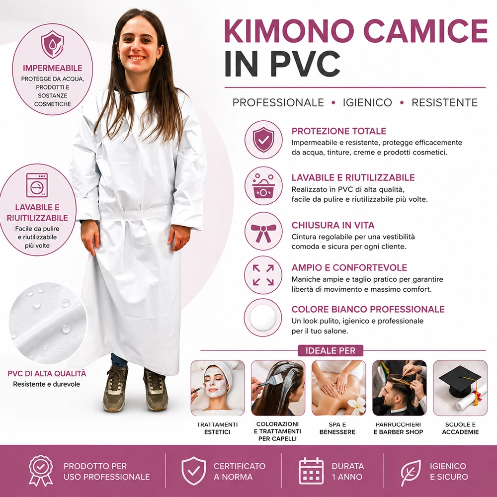 Kimono Camice in PVC Impermeabile e Lavabile per Estetista, Centro Estetico e Parrucchiere