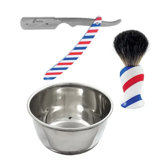 Kit da Barba Barber Shop con Rasoio Mezza Lama, Pennello e Ciotola