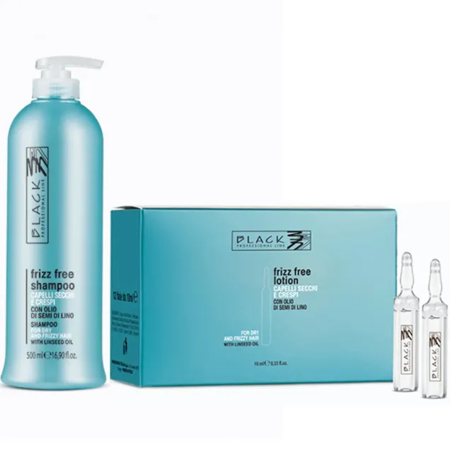 Kit Shampoo Anti Crespo e 12 Fiale ai Semi di Lino Black Professional