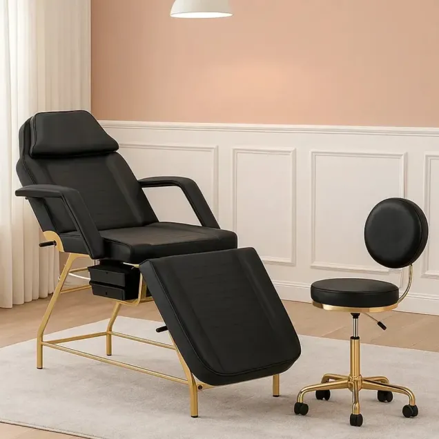 Lettino Estetista con Sedia in colorazione Nera e Oro- Offerta Arredamento Centro Estetico