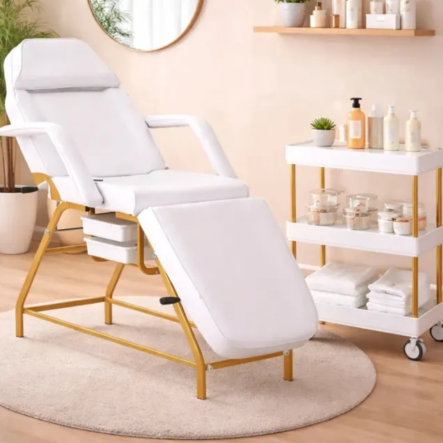 Lettino Massaggi con Carrello Bianco e Oro – Offerta Centro Estetico