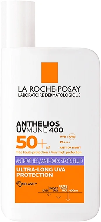 Fluido leggero correttivo contro l'iperpigmentazione cutanea, protezione molto alta dai raggi UVB e UVA lunghi, SPF50+