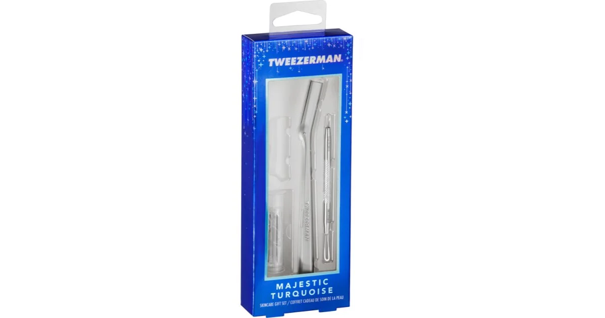 Tweezerman Majestic Turquoise confezione regalo per il viso rasoio per il viso + testina di ricambio 3 pz + estrattore di comedoni