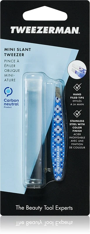 Tweezerman Mini pinzetta in acciaio con estremità oblique mini con un cofanetto da viaggio Lisbon Sea