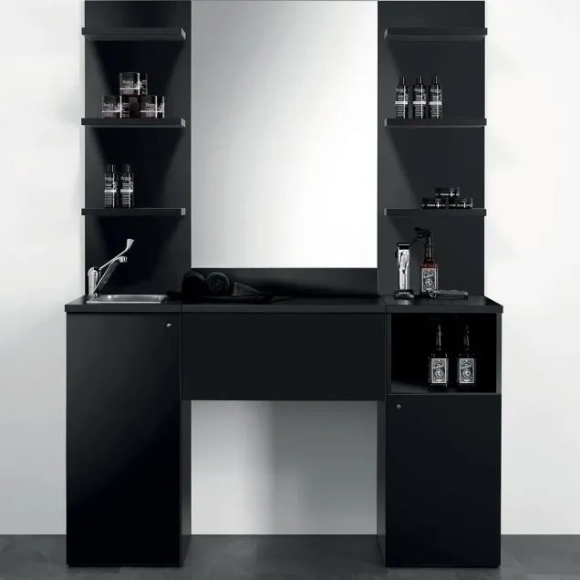 Mobile Barber Nero Completo di Lavandino, Mensole e Specchio