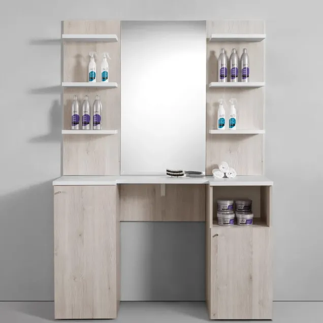 Mobile Barbiere Completo con Specchio e Mensole in Legno Rovere