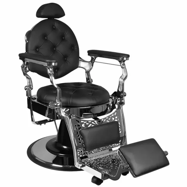 Poltrona Barbiere Vintage Total Black Professionale con Poggiapiedi