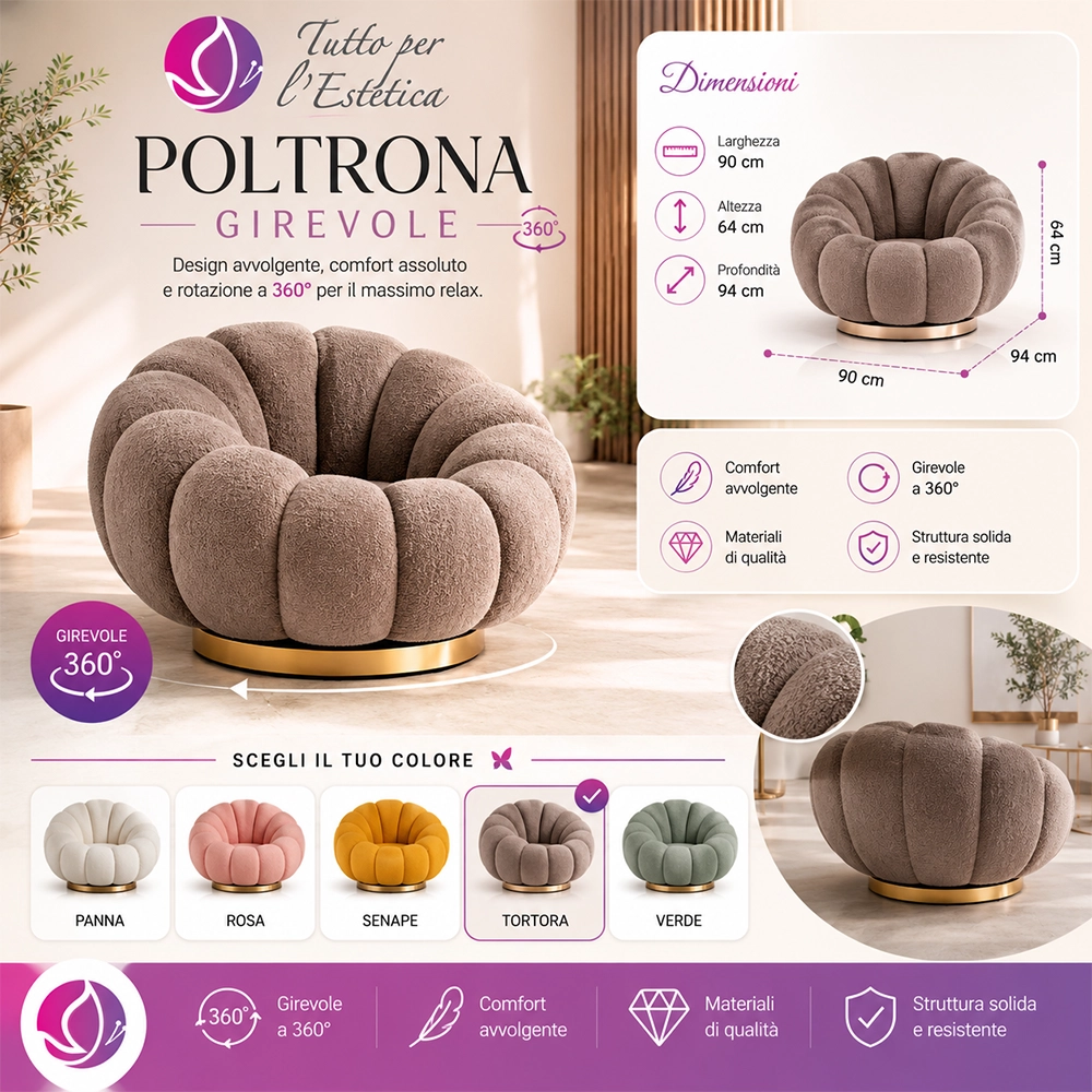 Poltrona Girevole in Tessuto Teddy con Struttura in Metallo Dorato design moderno ed elegante