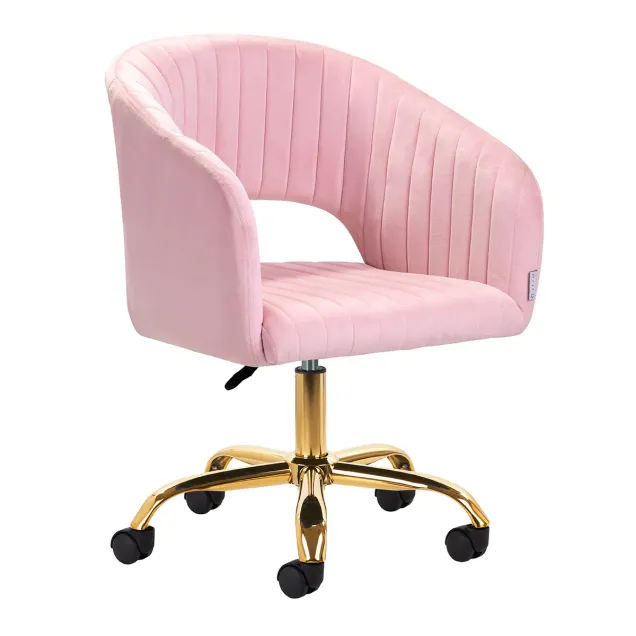 Sedia Girevole in Velluto Rosa con Base a 5 Razze in Oro
