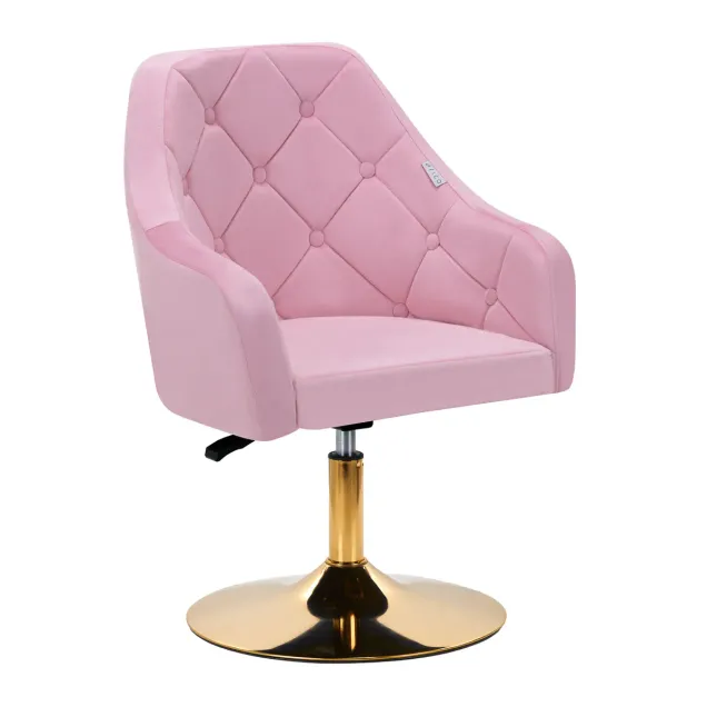 Sedia in Velluto Trapuntata con Base Tonda in Oro Lucido Rosa