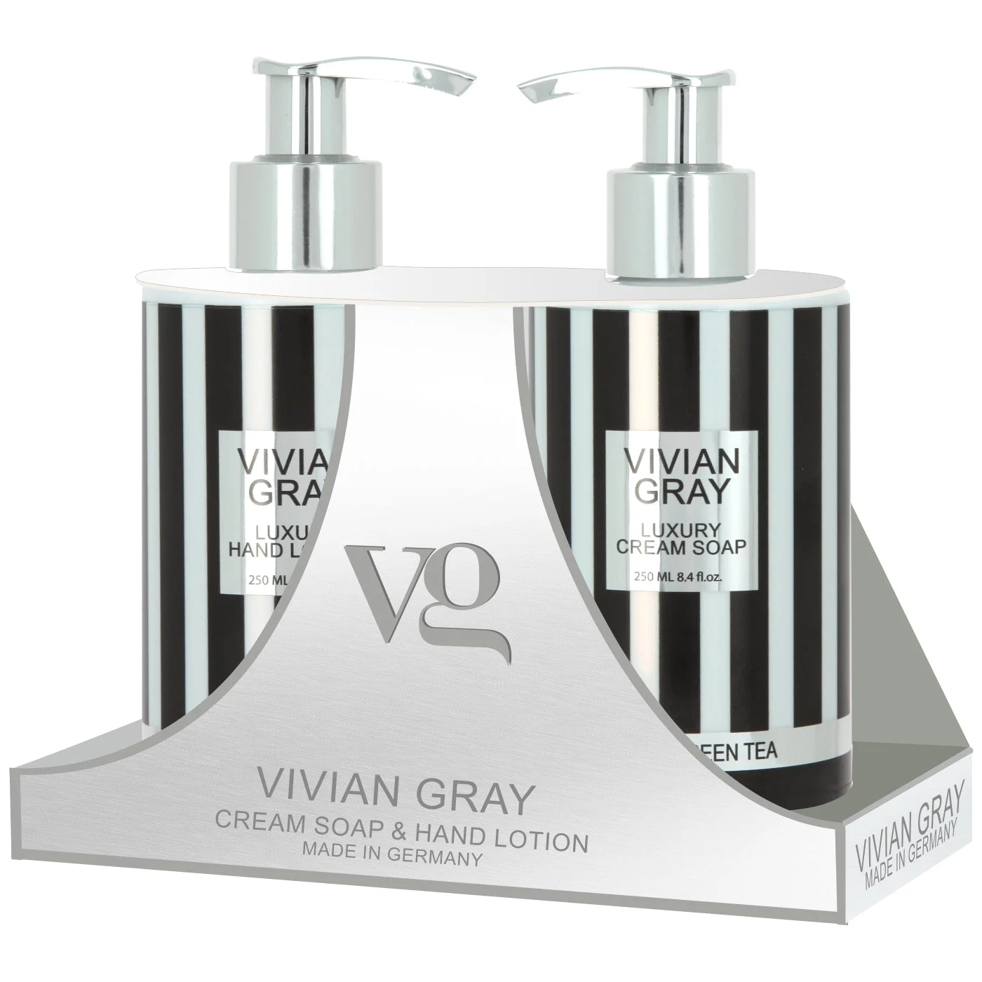 Set Vivian Grigio: Sapone Liquido Detergente Limone & Tè Verde Lusso 250 ml + Lozione Mani Idratante Limone & Tè Verde Lusso 250 ml