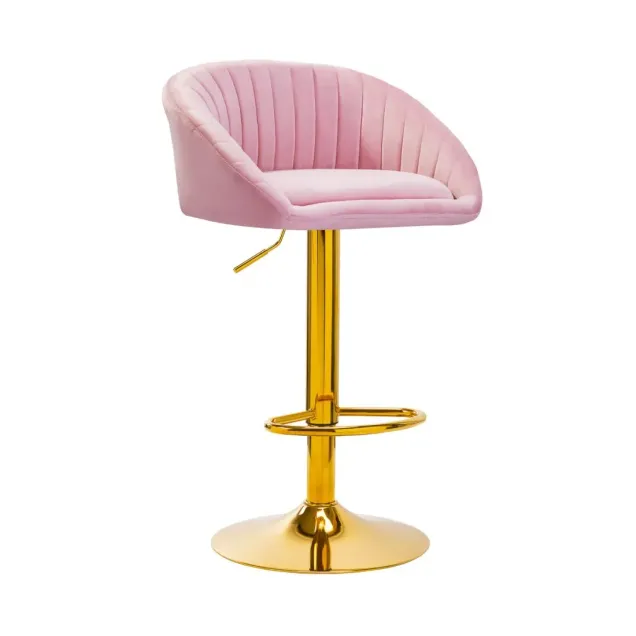 Sgabello Professionale in Velluto Rosa con Base Oro Girevole e Regolabile